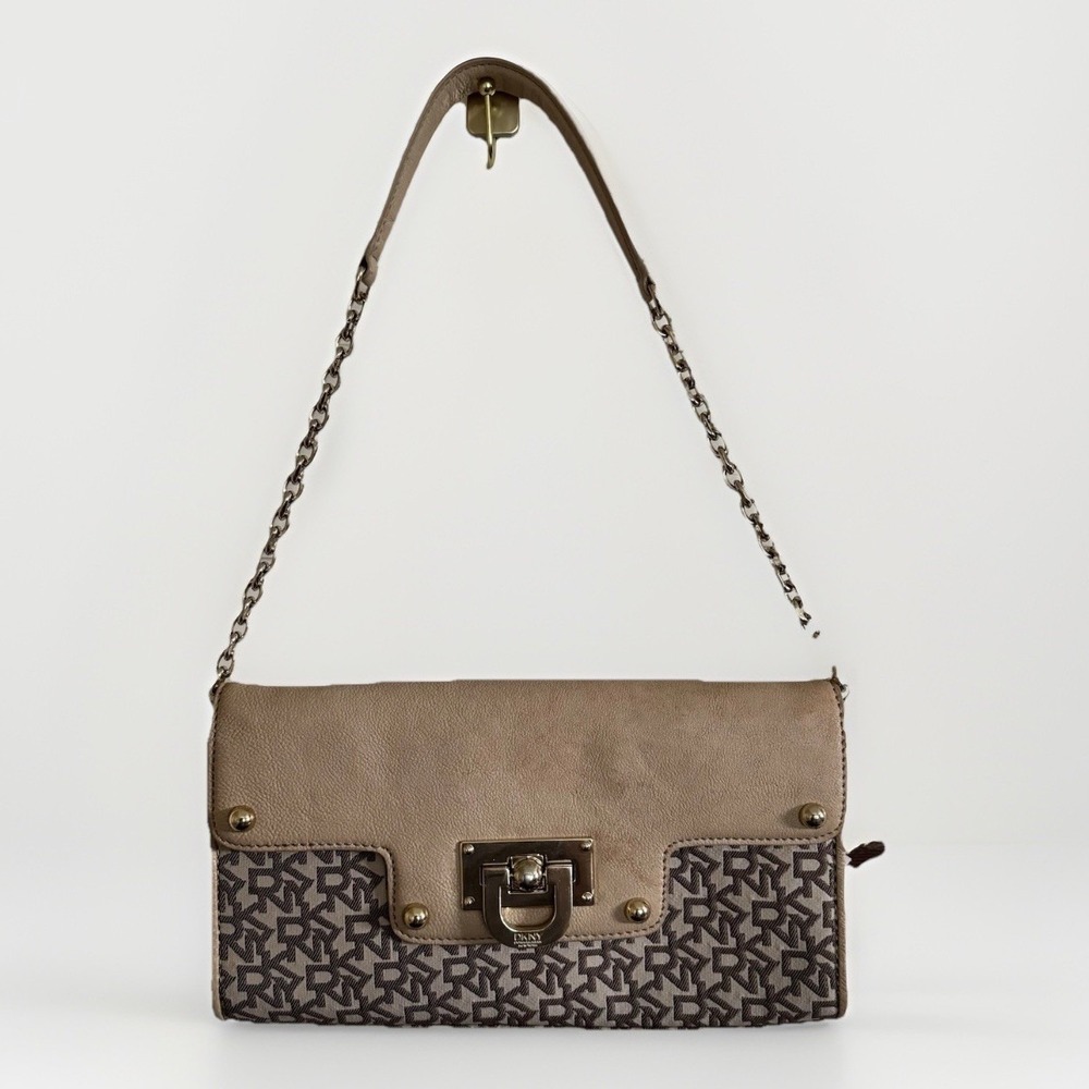 DKNY, Signature, Small,‎ Shoulder Bag, Leather/Canvas, Brown, Gold—Y2K—Vintage